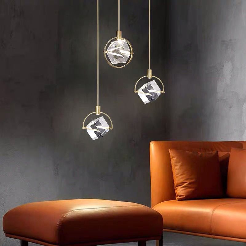 Post-modern Style Mini LED Pendant Light Square Crystal Shade Design Home Decorative Lighting Fixture in Gold