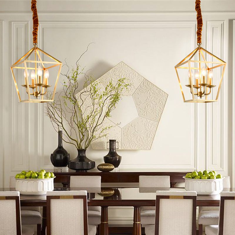 4 Bulbs Ceiling Lamp with Geometric Shade Metal Traditional Dining Room Chandelier Pendant Light in Gold