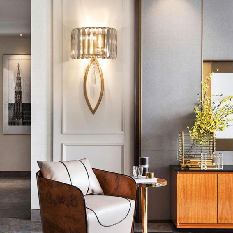 Metalen trommelschaduw Wandverlichting met helder kristal moderne 2 lichten wandlamp in goud voor woonkamer