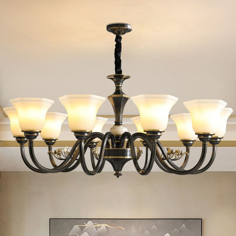 Black Ceiling Lighting Traditional Iron Curved Arm Chandelier Light Fixture with Flared Frosted Glass Shade