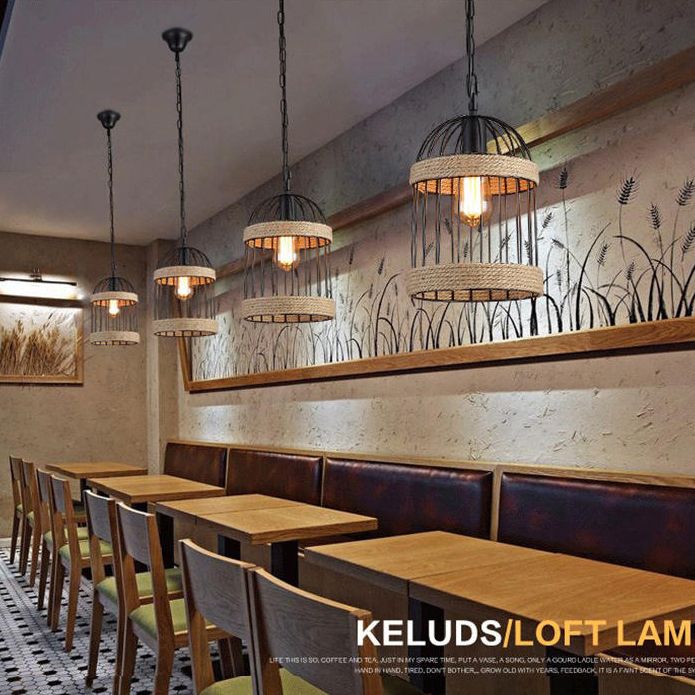 Rope Beige Pendant Light Kit Bird Cage Vintage Style Hanging Light Fixture for Restaurant