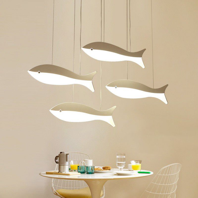 White Fish Cluster Pendant Light Artistic Acrylic LED Ceiling Hang Lamp for Restaurant