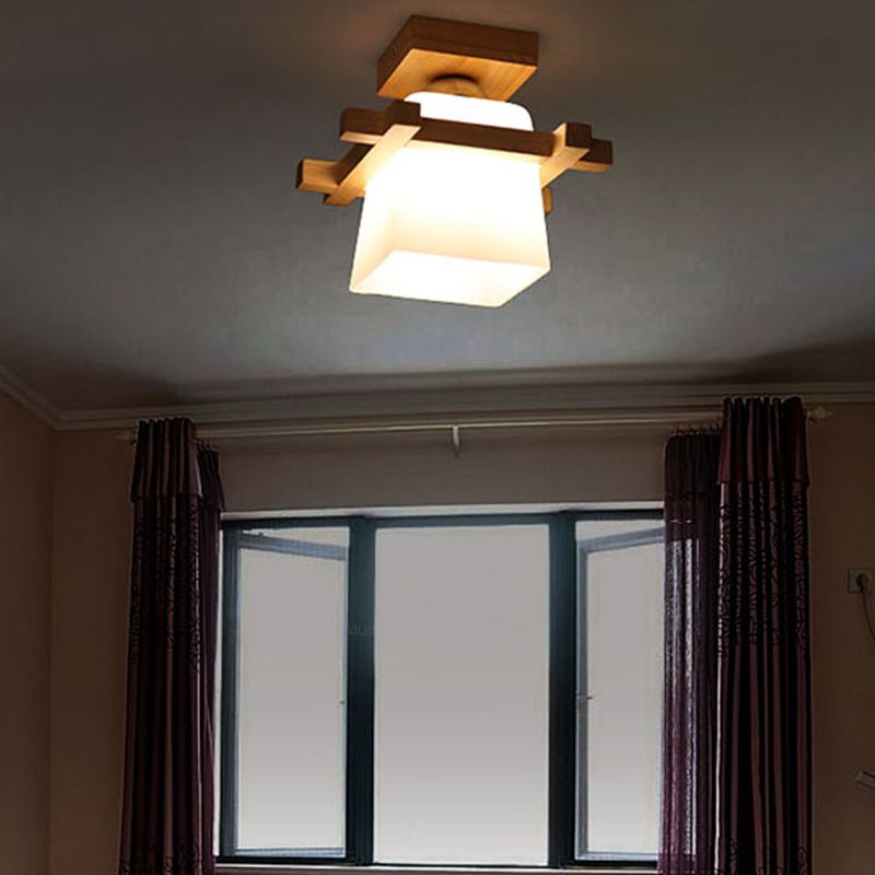 1-Light Balcony Flushmount Ceiling Lamp Simple Wood Semi Flush Light with Trapezoid Hand-Blown Milk Glass Shade