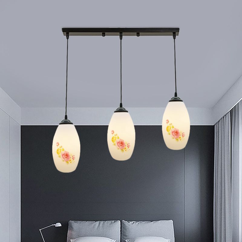 3 Bulbs Multiple Hanging Light Modern Oblong Frosted White Glass Linear/Round Canopy Pendulum Lamp with Flower Pattern
