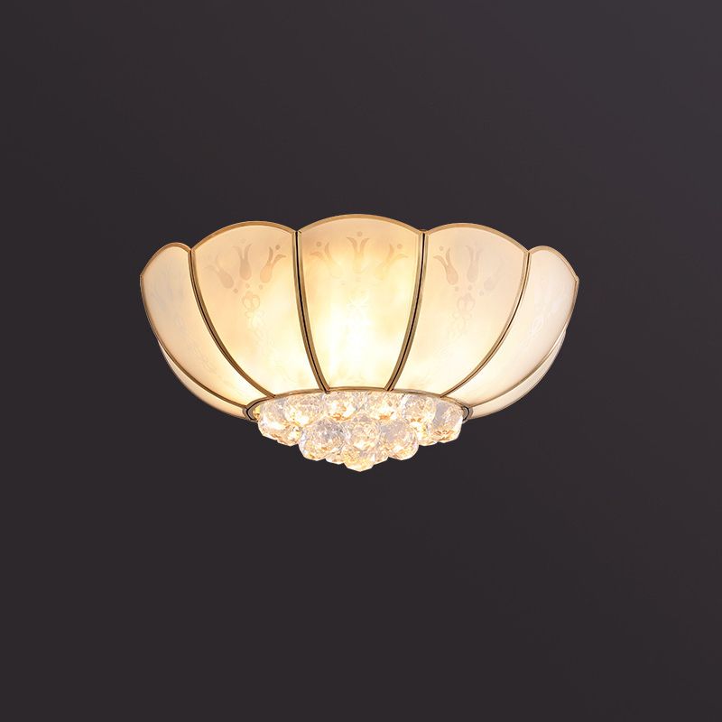 Farmhouse Bowl Semi Flush Mount Light Frosted Glass Ceiling Lighting in Brass with Orb Crystal Accent