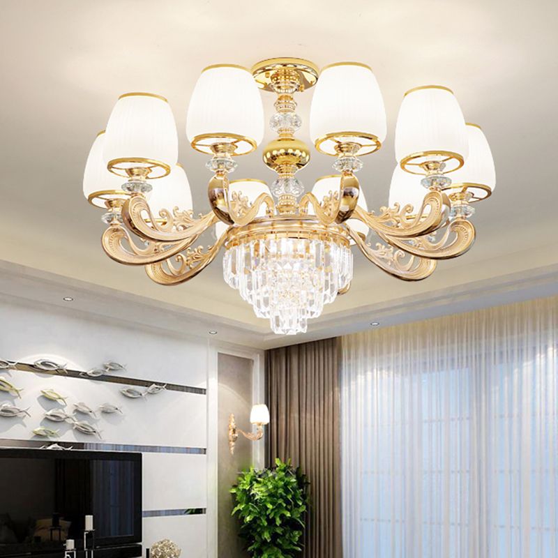 Barrel White Frosted Glass Chandelier Lighting Classic Bedroom Pendant Light with Tiered Crystal Accent
