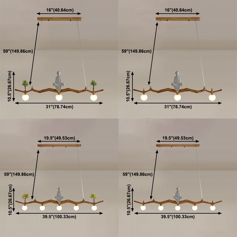 Brown Resin Island Lights Modern Restaurant Multi-Head Restaurant Lamphing con sombra de vidrio de globo