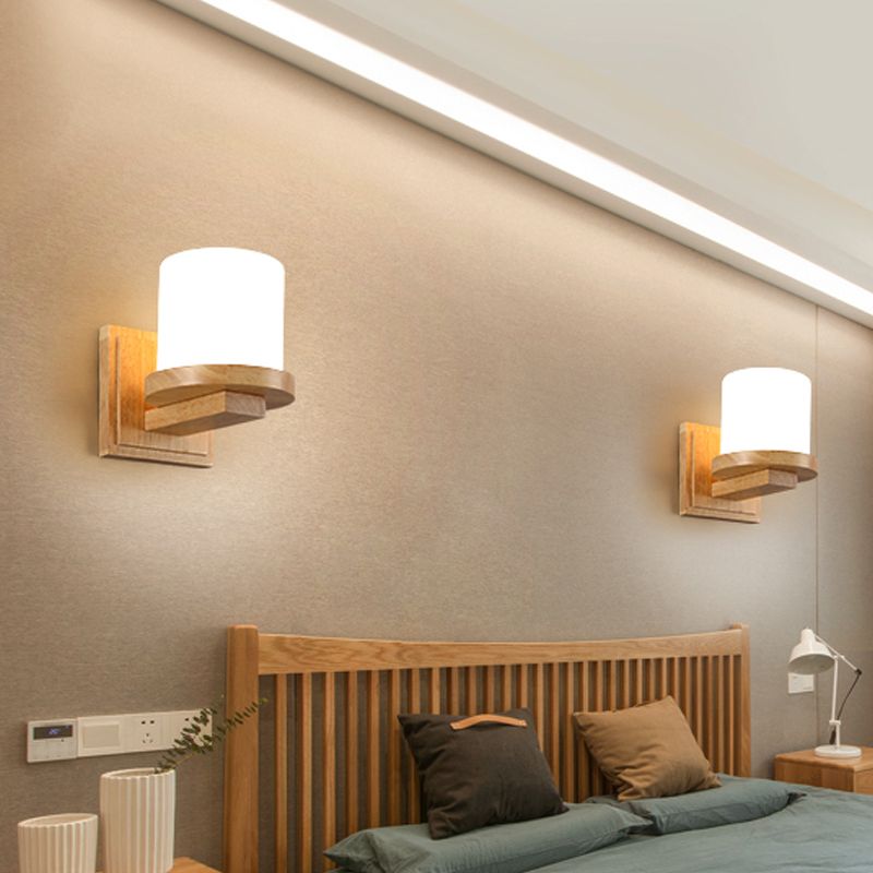Nordic Pillar Opal Matte Glass Wall Lamp 1-Light Sconce Light Fixture with Wood Arm