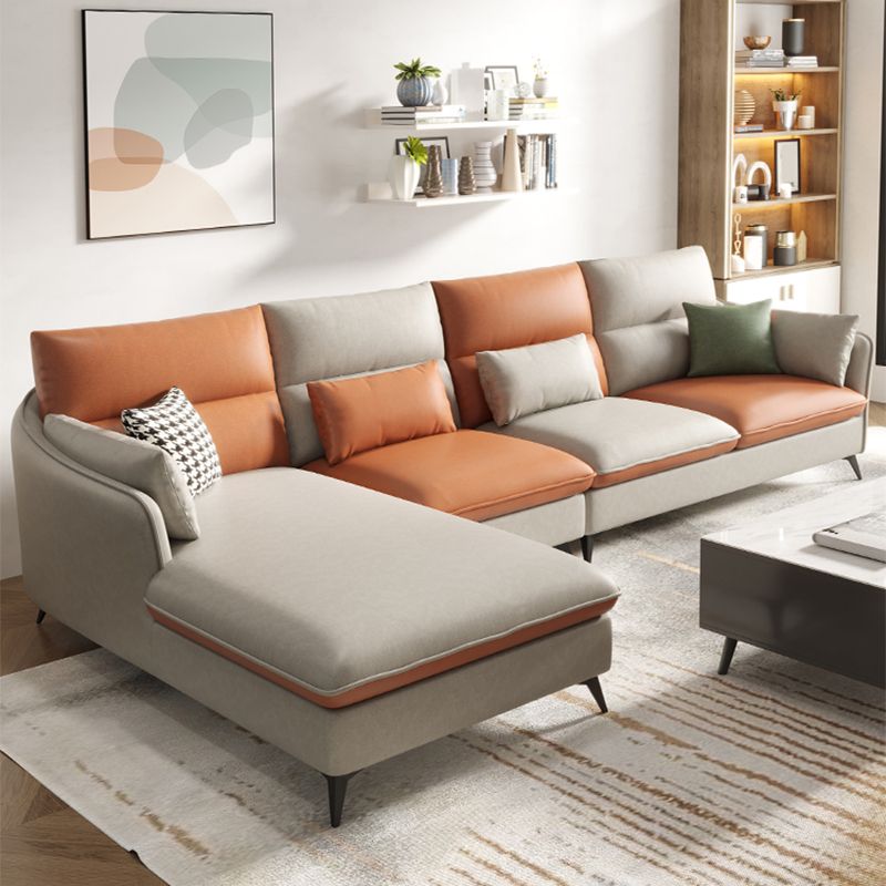 Faux Leather Sloped Arms Sectional with Pillowed Back Cushions for Living Room