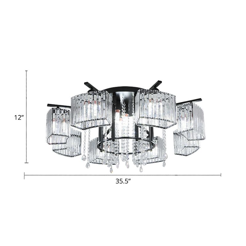 Circle Semi Flush Ceiling Fixture Modern Crystal Block Living Room Flushmount Light in Black