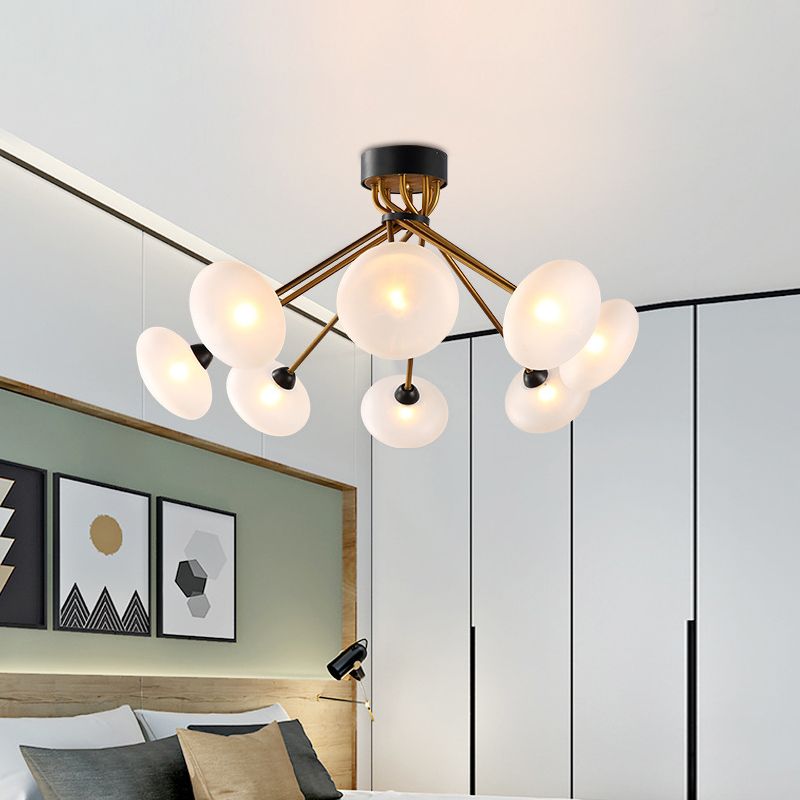 Frosted Glass Circle Semi Flush Light Modern 8/10 Bulbs Black and Gold Ceiling Mounted Fixture