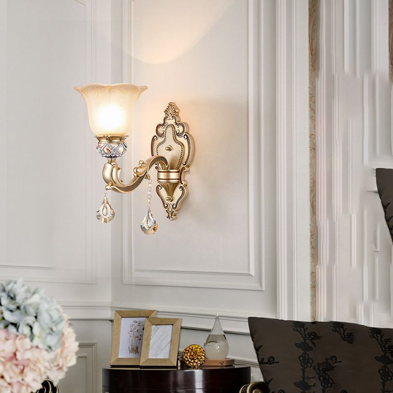 1 Bulb Floral Wall Sconce Vintage White Etched Glass Wall Lamp with Crystal Accent and Gold Curly Resin Arm