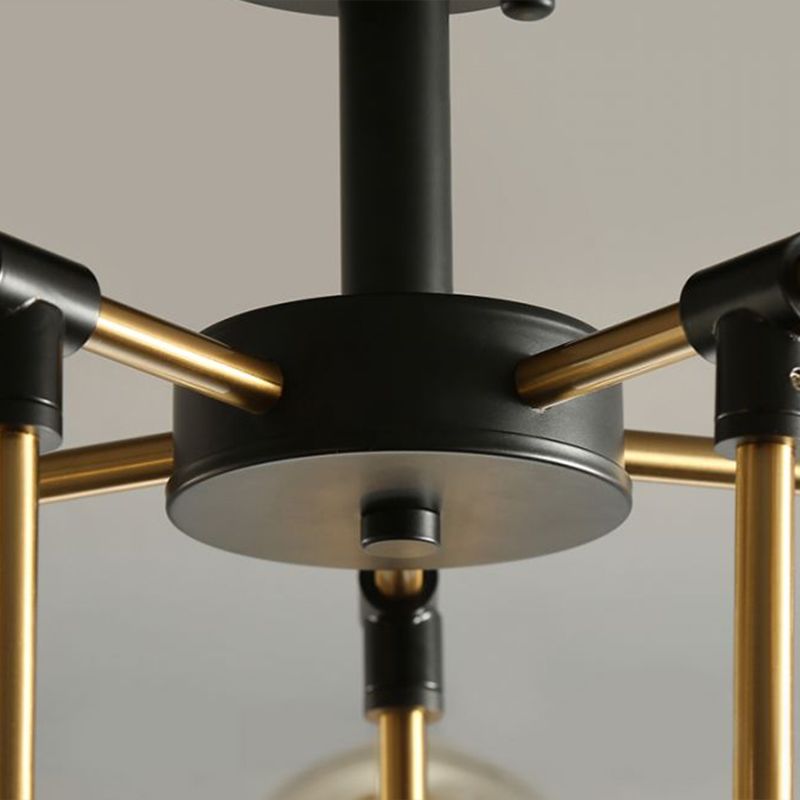 Postmodern 10-Light Chandelier Black and Brass Radial Pendant Light with Ball Glass Shade