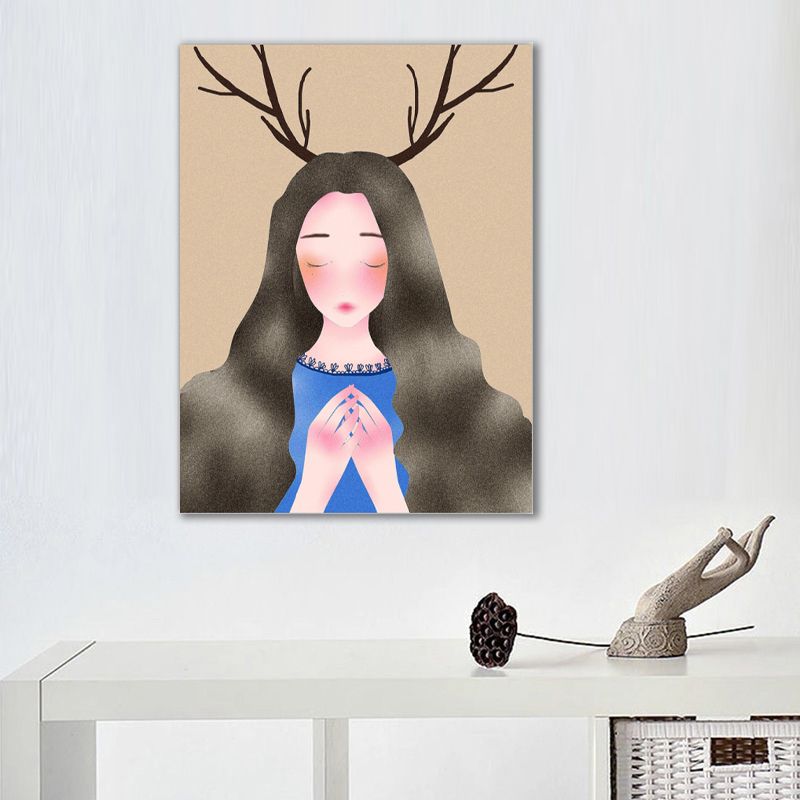 Fantasy Deer Girl Canvas Wall Art Cartoon Textured Surface Wall Decor for Dining Room