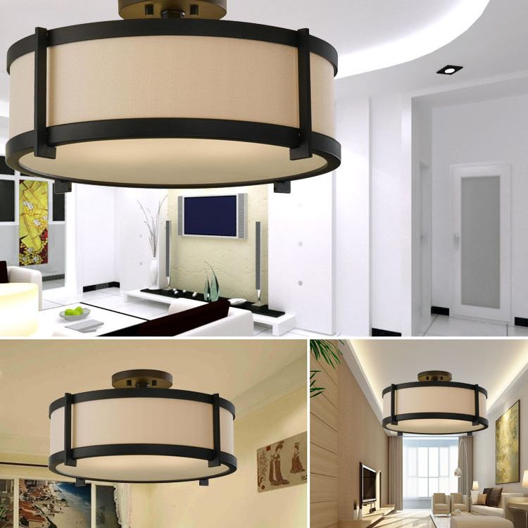 Lámpara de montaje semiempotrada de tambor negro, montaje empotrado de techo de tela minimalista moderno para sala de estar