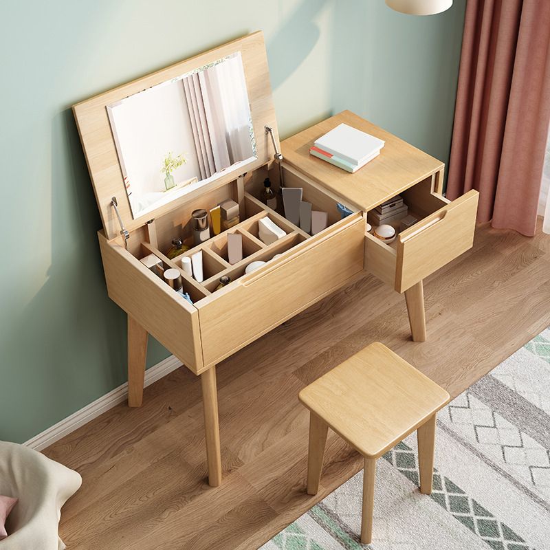 Solid Wood Mirrored Vanity and Stool Scandinavian Dressing Table