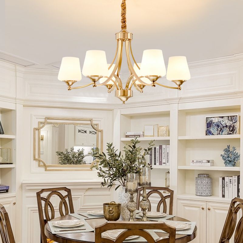 Multi-Head Hanging Light Fixtures Traditional Brass Chandelier Lamp with White Glass Shade