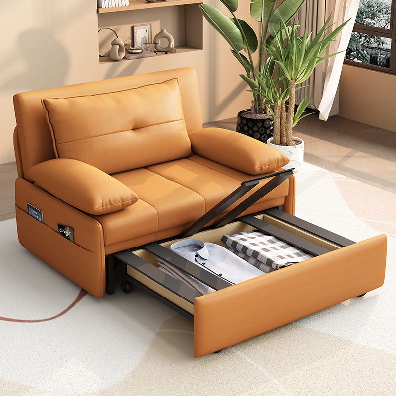Modern Sofa Bed, Orange Faux Leather Futon and Mattress with Storage