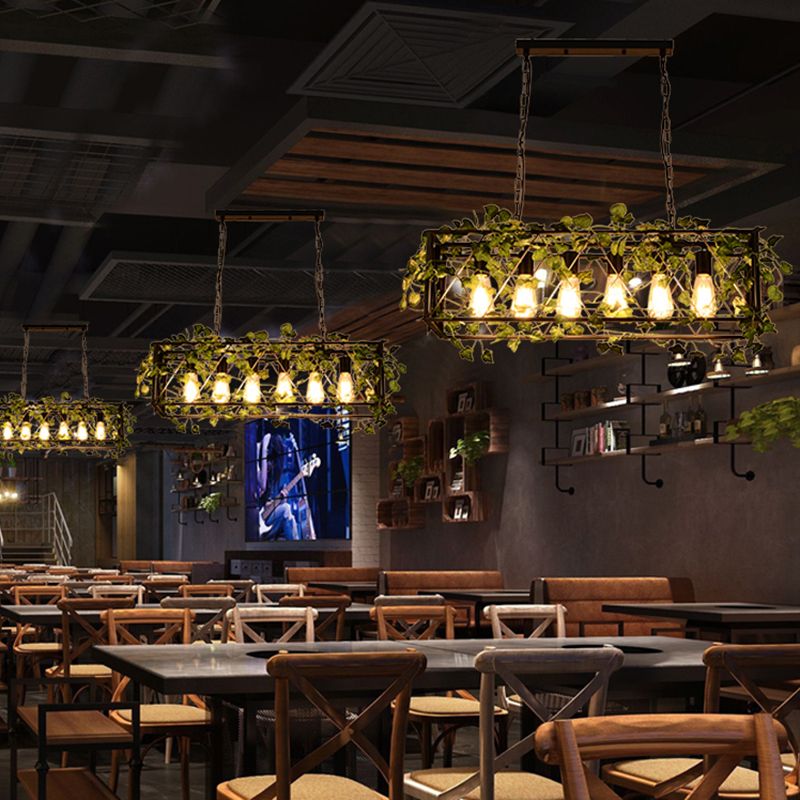 6 Heads Metal Island Pendant Antique Black Rectangular Restaurant LED Down Lighting with Plant Decor