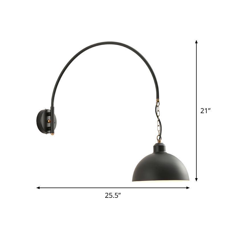 1 Bulb Wall Mount Light Fixture Warehouse Dome Metallic Wall Lamp Sconce in Black with Curved Arm