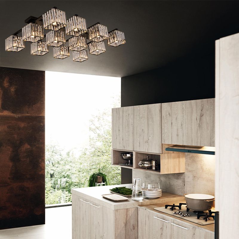 Accesorio de techo para sala de estar, barra de cristal de tres lados, cuadrado moderno, semiempotrado, 4/6/9 luces, en dorado/negro