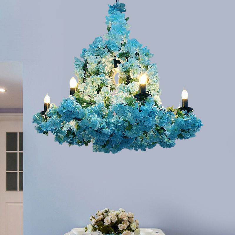 6 Heads Candle Chandelier Lighting Factory Blue/Rose Red Metallic Pendant Light Fixture with Artificial Flower Deco