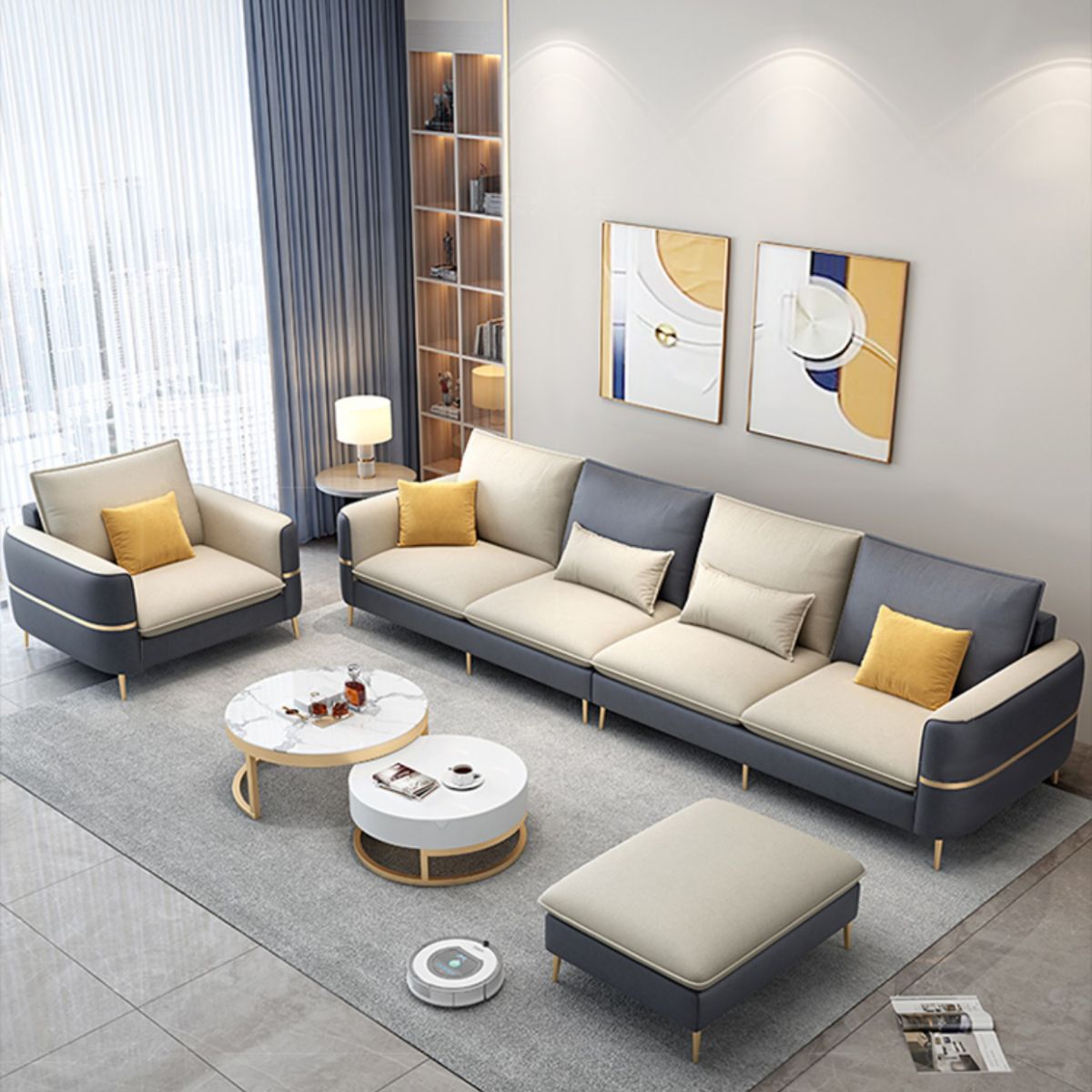 Contemporary Recessed Arm Sofa with Pillows Back and Golden Legs