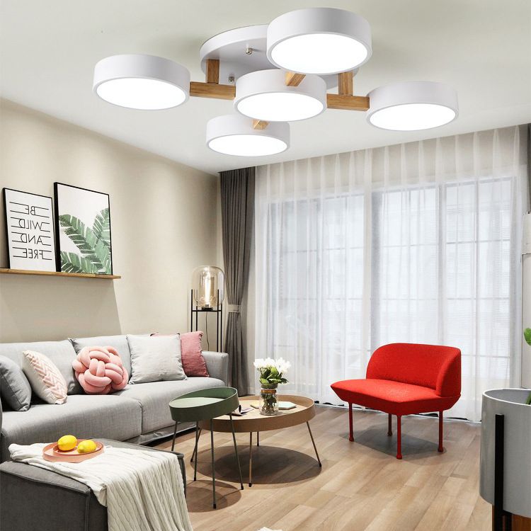 LED Nordic Creative Creative Semi Flush Mount Affermazione Circle a soffitto a soffitto in legno Luce montata per camera da letto