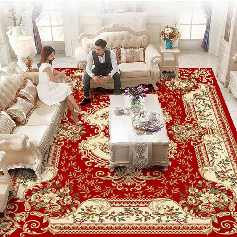 Traditional Flower Printed Carpet Polyester Area Rug Non-Slip Backing Indoor Carpet for Living Room