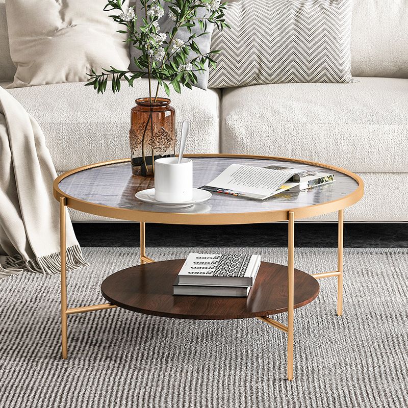 Contemporary 4 Legs Glass Top with Storage Shelf Round Single Coffee Table