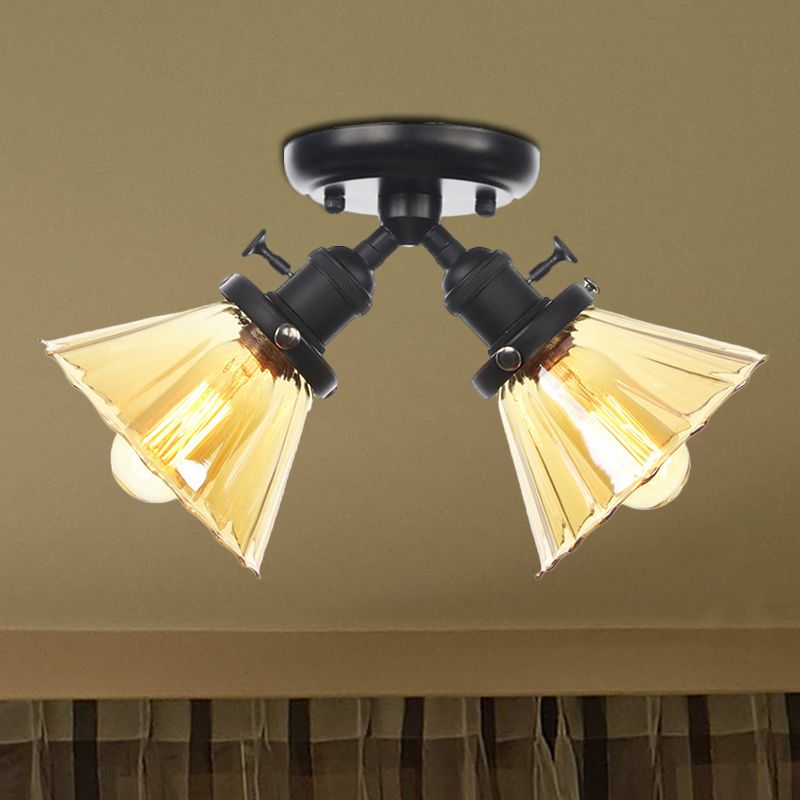 Cone Shade Bedroom Semi Mount Lighting Amber/Clear Glass 2 Heads Industrial Stylish Ceiling Flush Mount in Black/Bronze