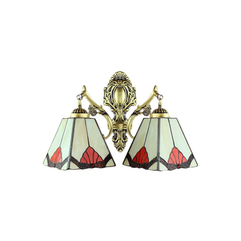 Beige Pyramid Wall Lamp Retro Style Stained Glass 2 Heads Wall Fixture Light for Living Room