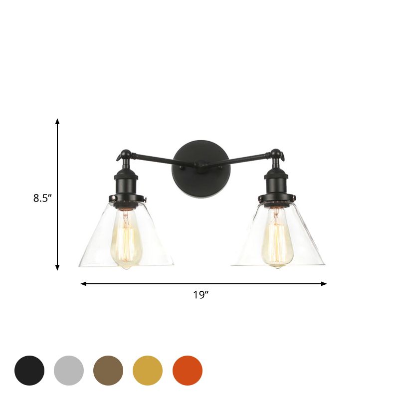 Clear Glass Conical Wall Mount Light Vintage 2 Lights Living Room Sconce Fixture in Black/Brass/Bronze