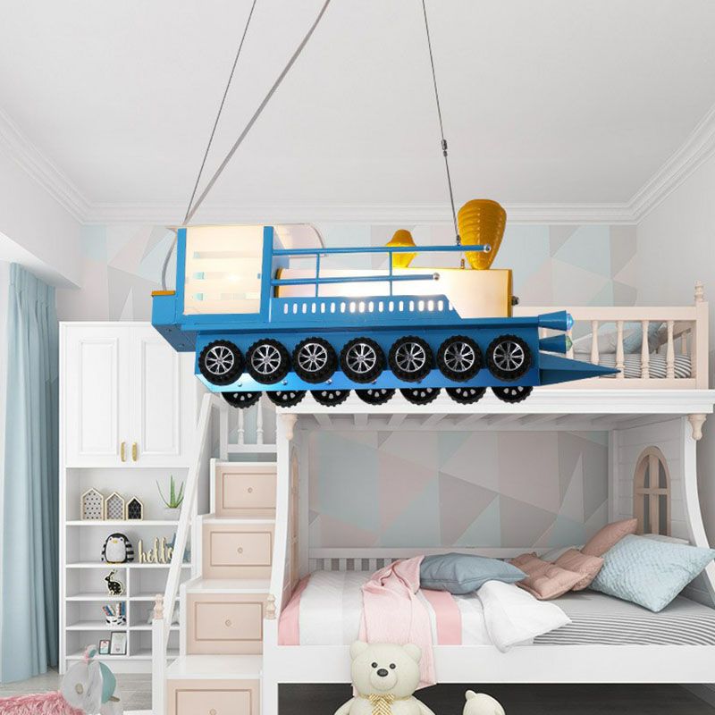 Metallic Train Shape Chandelier Lamp Contemporary Blue LED Hanging Light for Nursery