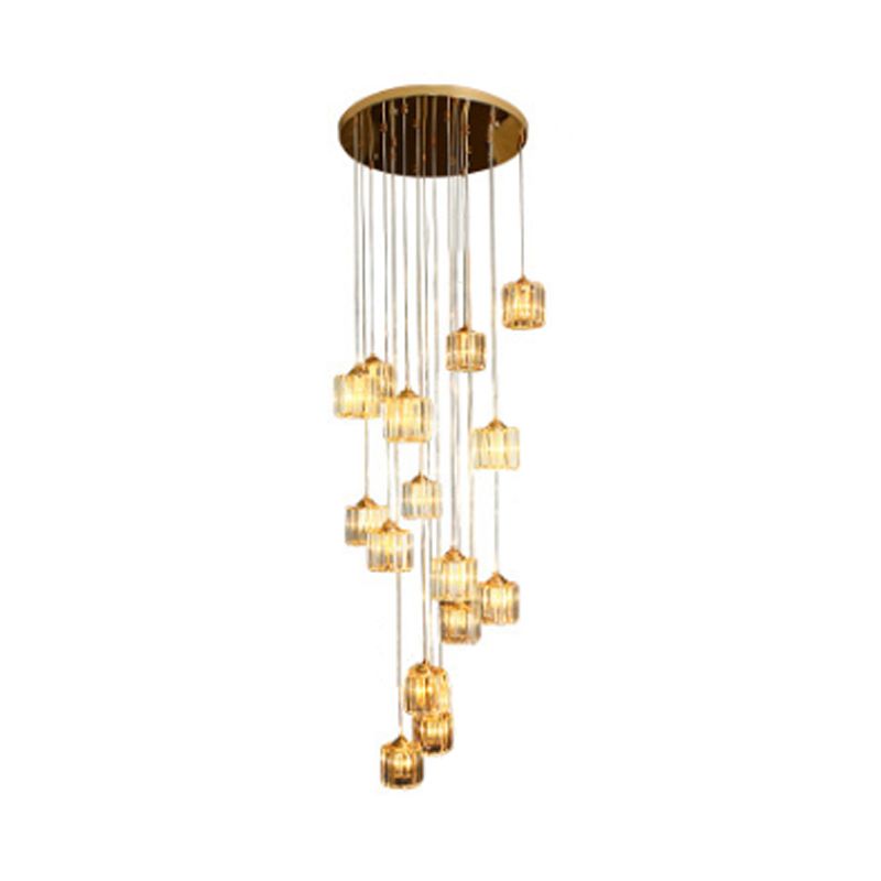 15 Lights Hanging Ceiling Lamp Modernist Living Room Multi Light Pendant with Drum Amber Crystal Shade