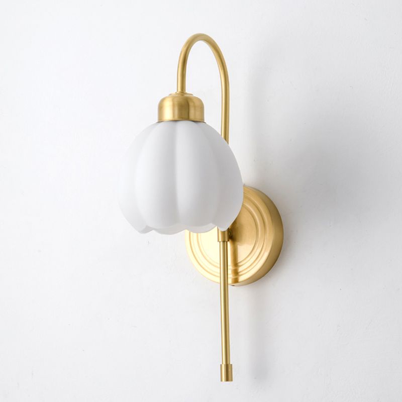 Modern Metal Wall Sconce Bud Shape Wall Light with Glass Shade for Bedroom in Gold