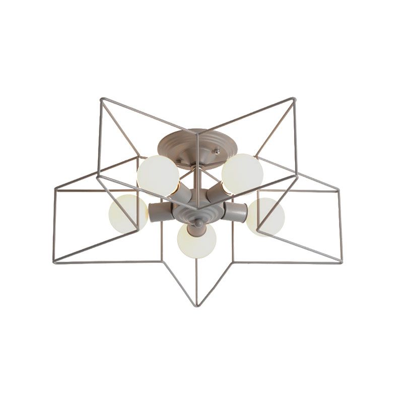 5 Bulbs Semi-Flush Ceiling Fixture with Star Cage Shade Metallic Loft Stylish Indoor Semi Flush Light in Grey/Pink