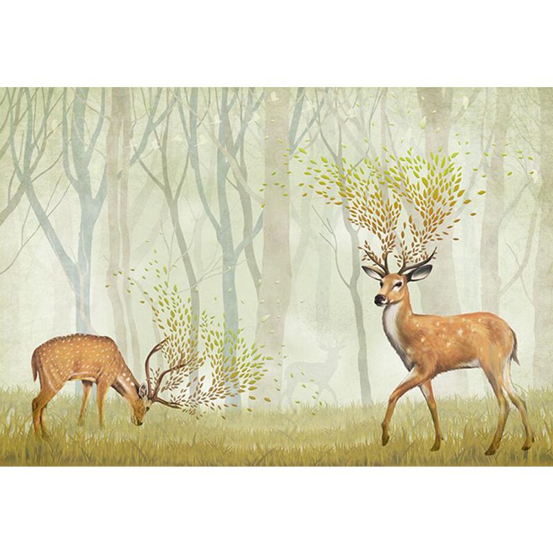 Deer in Misty Forest Mural Nordic Stain Resistant Living Room Wall Decor, Custom-Printed