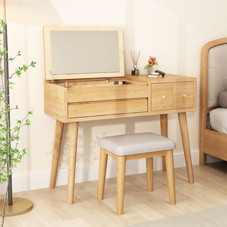 Solid Wood Makeup Vanity Desk Flip-Top Mirror Makeup Vanity Set with Drawer