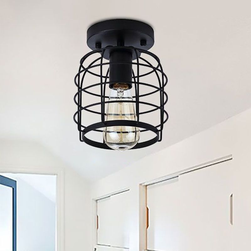 Plafonnier à 1 tête, cage cylindrique vintage en métal, semi-encastré, noir, pour couloir