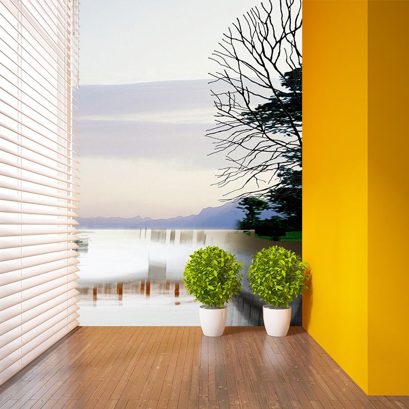Blue-White Lake Reflecting Murals Scenery Modern Stain Proof Wall Art for Living Room