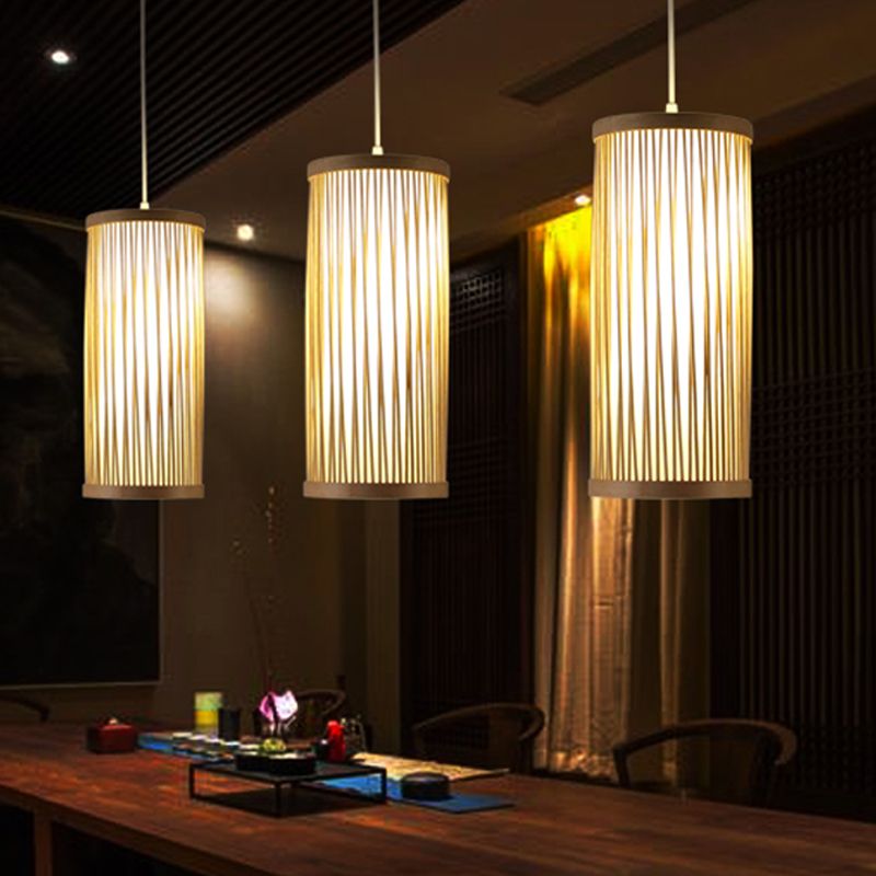 Asian 1 Head Pendant Lighting Wood Cylinder Hanging Ceiling Light with Bamboo Shade
