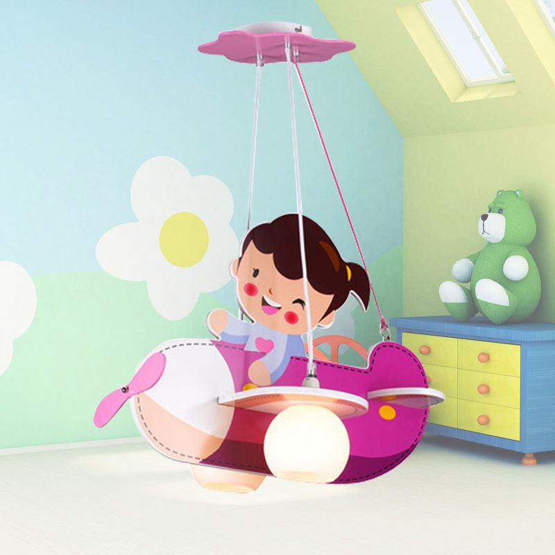 Pink Airplane Hanging Light with Little Girl 2 Lights Cartoon Wood Chandelier for Kids Bedroom