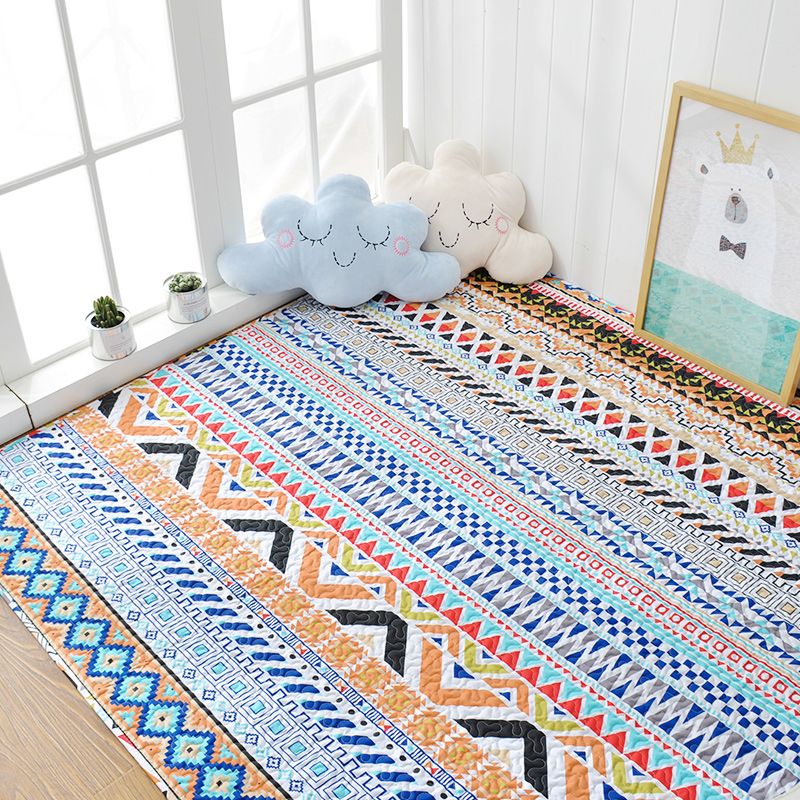 Casual Bedroom Rug Multi Colored Geometric Printed Area Carpet Cotton Non-Slip Backing Easy Care Indoor Rug
