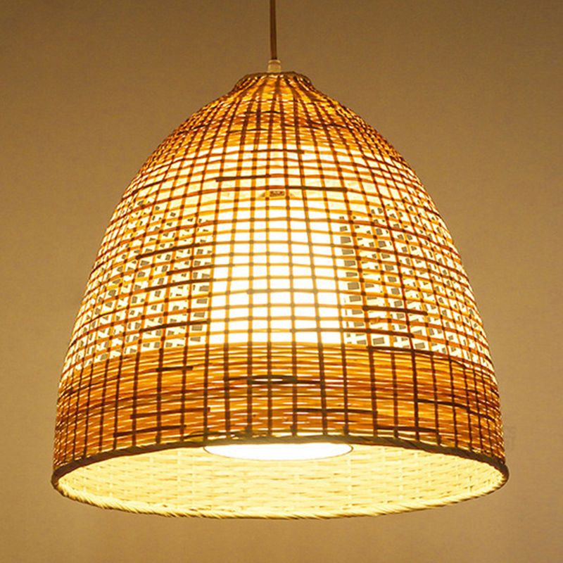 Hand-Twisted Bell Ceiling Pendant Chinese Bamboo Single Living Room Hanging Lamp in Beige, 16"/19.5" Width