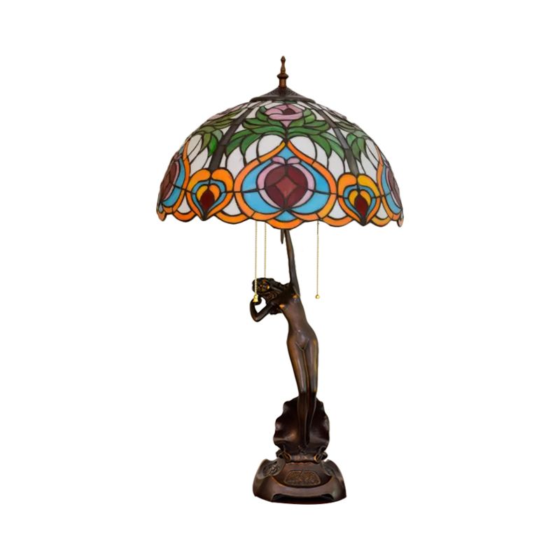 Orange/Yellow Glass Bowl Night Light Victorian Style 3 Bulbs Black Table Lighting with Pull Chain and Girl Base