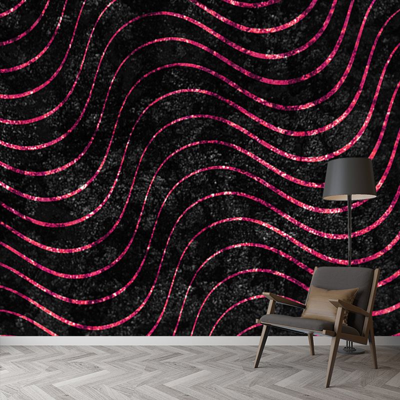 Large Modern Art Mural Dark Color Wavy Lines Foil Wall Covering, Made to Measure
