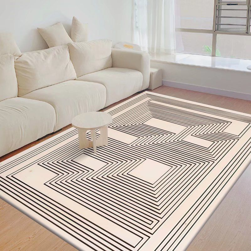 Beige Straight Line Carpet Polyester Simple Carpet Stain Resistant Carpet for Living Room
