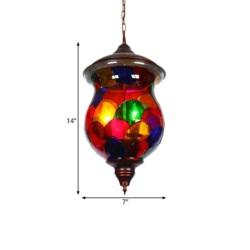 Urn Living Room Ceiling Pendant Mediterranean Stained Glass 1 Head Red Hanging Light Fixture