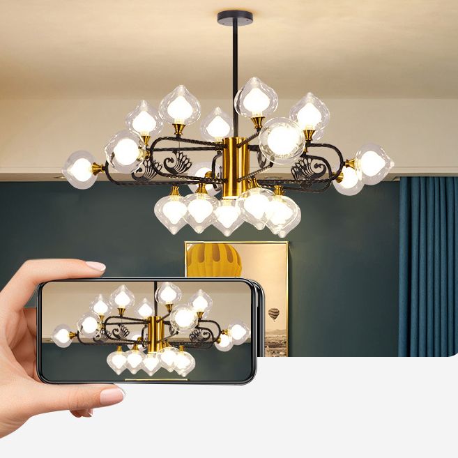 Black-Gold Peach Shaped Chandelier Postmodern 18-Bulb Clear and Frosted Glass Pendant